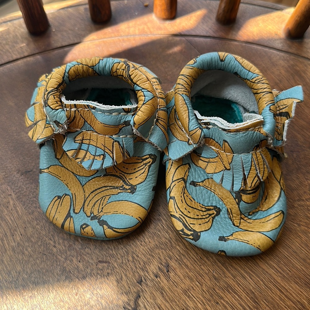 Freshly picked banana print baby moccasins. Rare. Size 1. Made in USA.